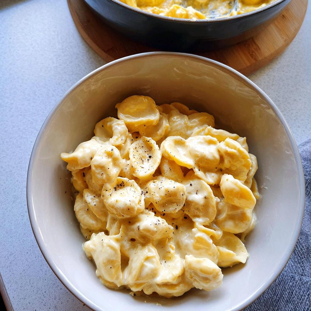A bowl of creamy macaroni and cheese, a delicious and easy dinner recipe, sprinkled with black pepper.