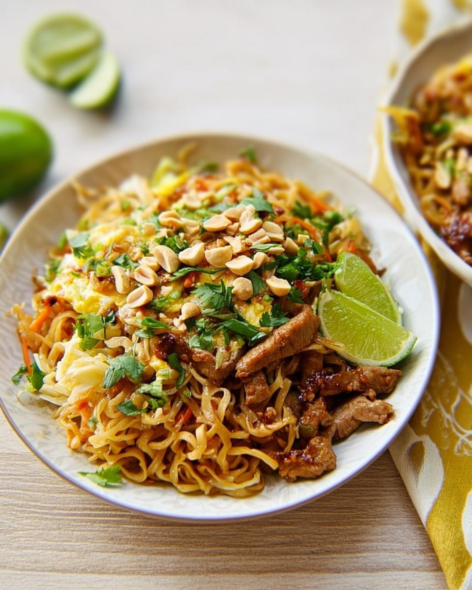 A delicious and easy dinner recipe featuring savory noodles with tender beef, chopped peanuts, fresh cilantro, and lime wedges.