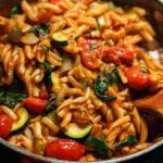 Close-up of a one-pot pasta dish with fusilli, zucchini, cherry tomatoes, and spinach, being stirred with a wooden spoon.