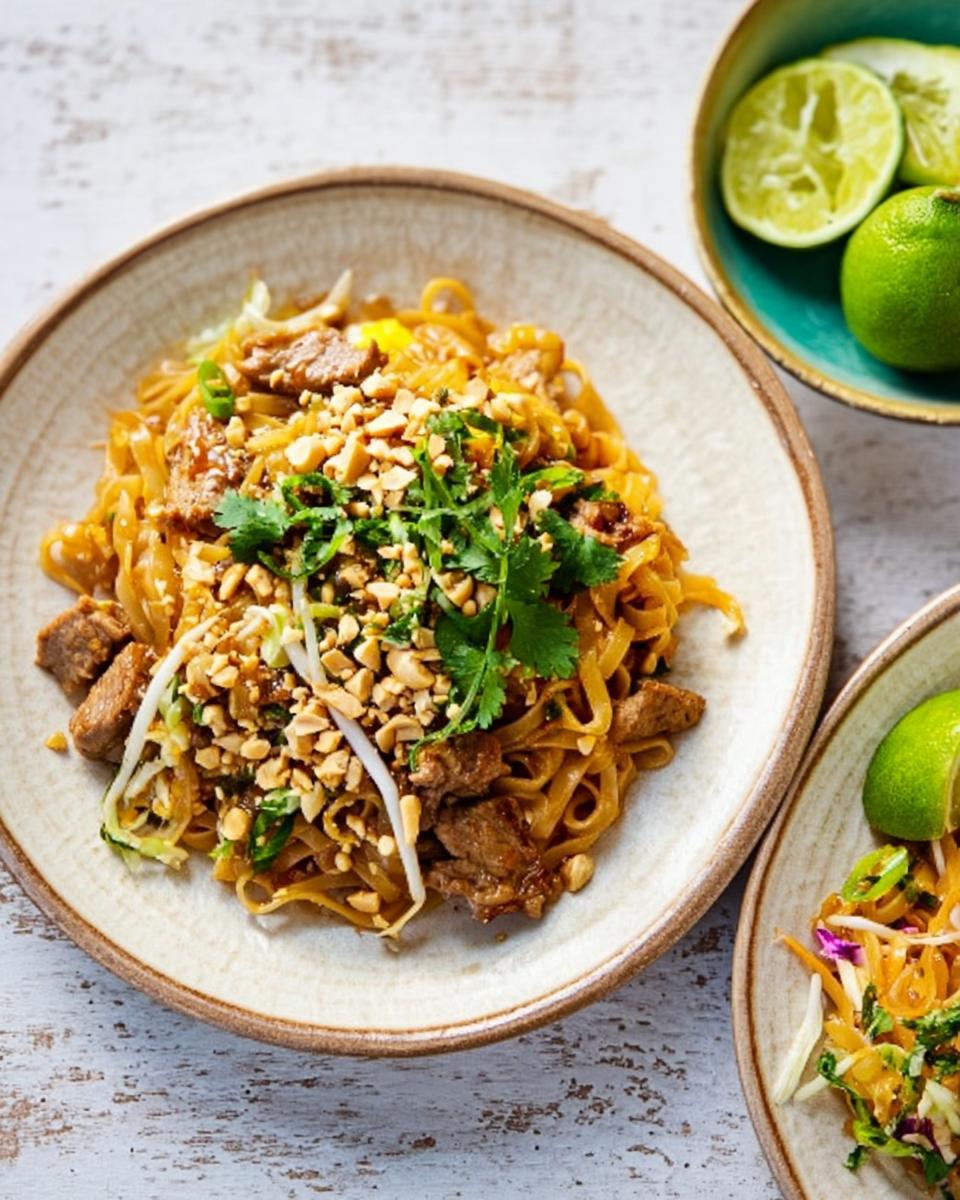 A plate of delicious Pad Thai with beef, noodles, peanuts, and cilantro, part of an easy dinner recipe.