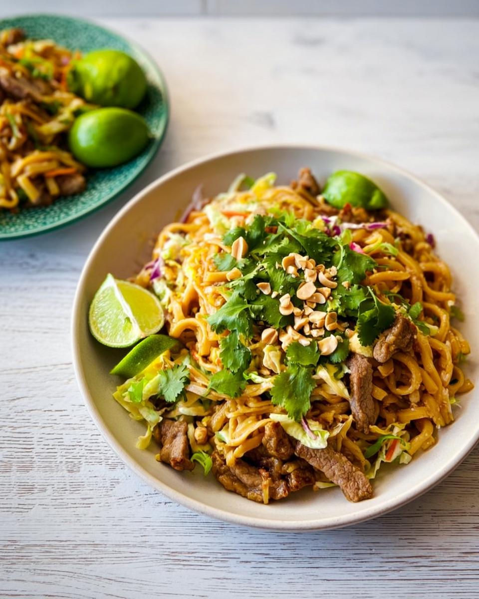 A close-up of a bowl of Pad Thai noodles with beef, fresh cilantro, crushed peanuts, and lime wedges, perfect for easy dinner recipes.