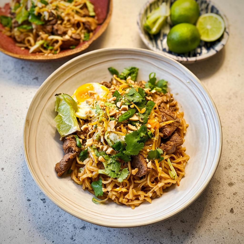 A close-up of a delicious Pad Thai noodle dish with beef, egg, lime, and cilantro, perfect for easy dinner recipes.