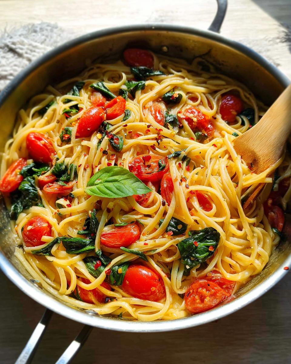 Close-up of a skillet filled with linguine pasta, cherry tomatoes, spinach, and red pepper flakes, perfect for easy dinner recipes.