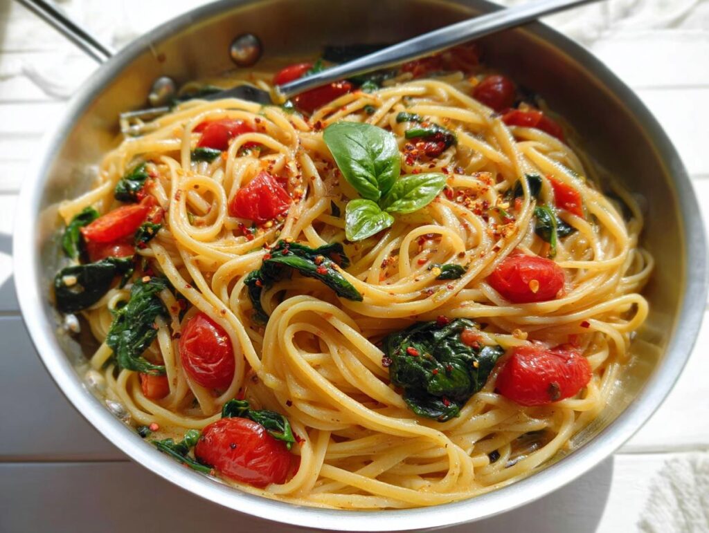 A close-up of a pan filled with spaghetti, cherry tomatoes, spinach, and basil, perfect for easy dinner recipes meal prep.