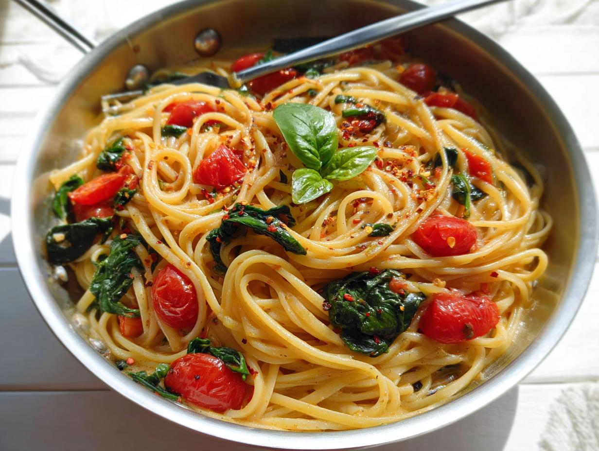 A close-up of a pan filled with spaghetti, cherry tomatoes, spinach, and basil, perfect for easy dinner recipes meal prep.