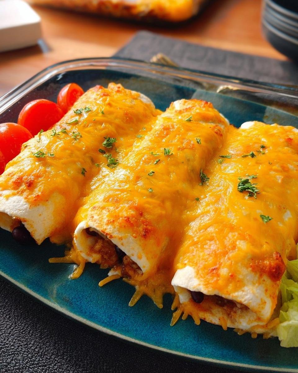 Three cheesy enchiladas topped with melted cheddar cheese, served with cherry tomatoes and lettuce. A perfect example of easy dinner recipes.