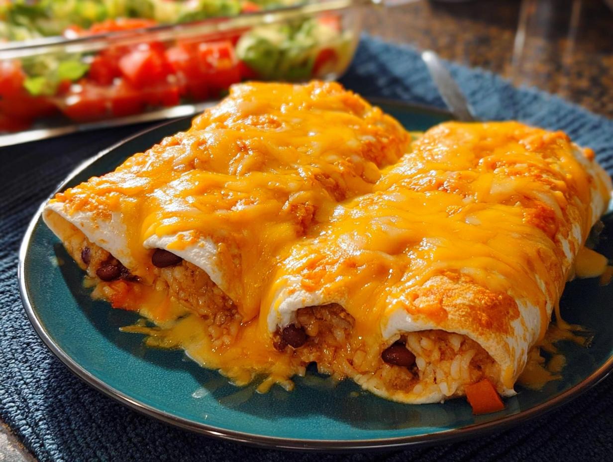 Close-up of cheesy enchiladas filled with rice and beans, part of easy dinner recipes.