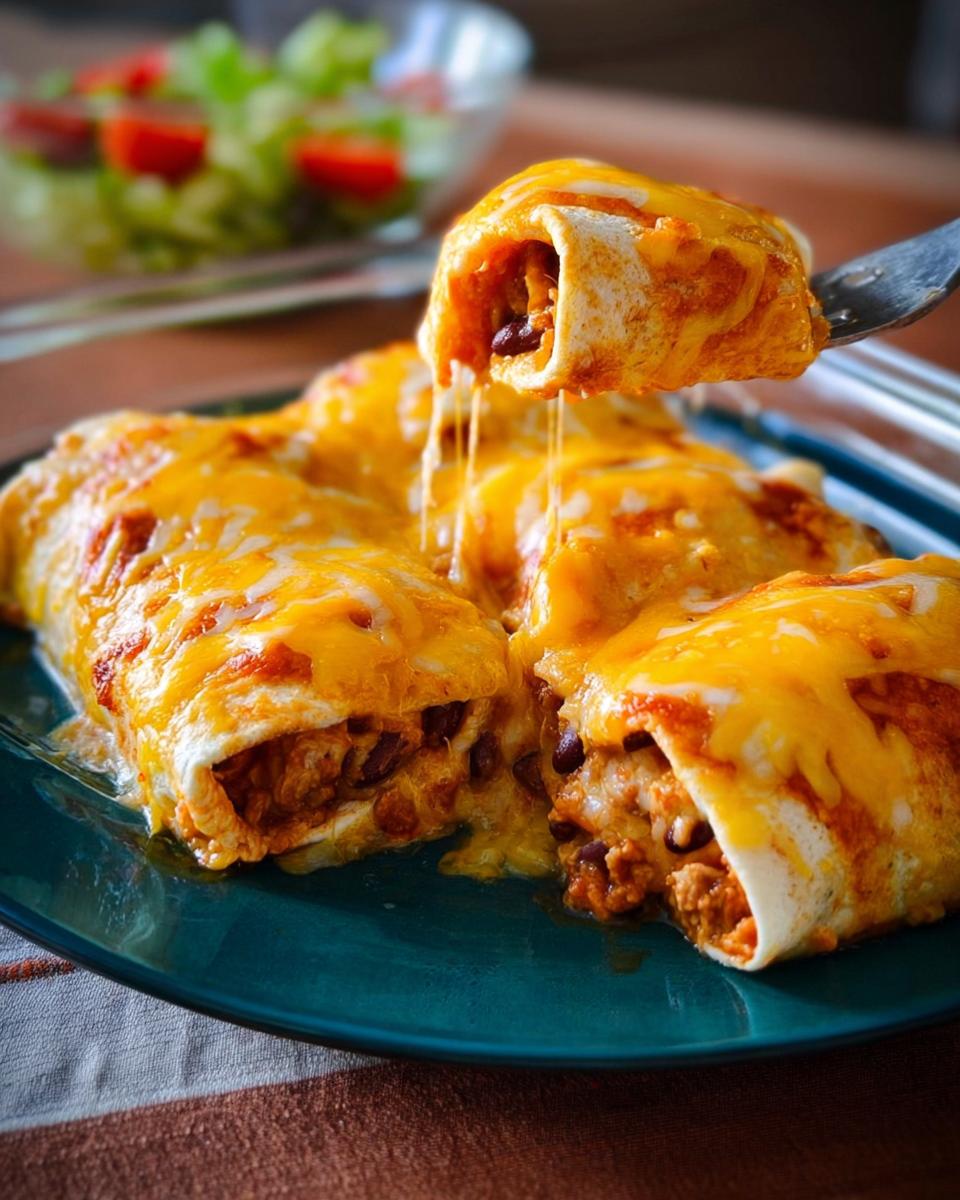 A fork lifts a cheesy enchilada, revealing a filling of meat and beans, part of an easy dinner recipe.