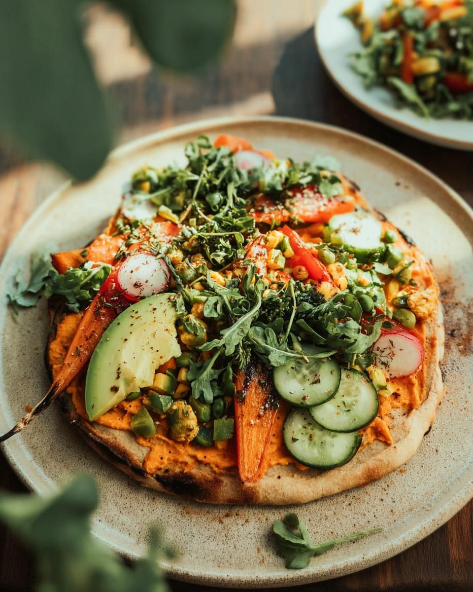 A vibrant and colorful vegetable flatbread, one of the 20 Genius Easy Dinner Recipes Ideas for Busy Weeknights, topped with avocado, cucumber, and greens.