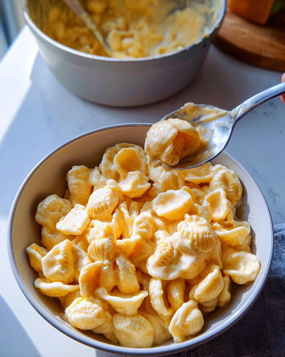 A bowl of creamy macaroni and cheese, with a spoon lifting some pasta.