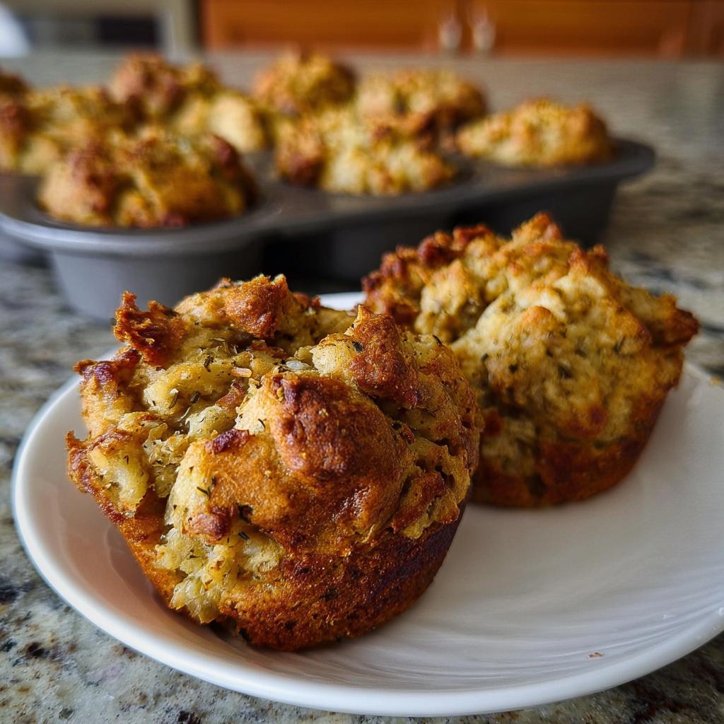 Close-up of two golden-brown stuffing muffins on a white plate, with more stuffing muffins in a muffin tin in the background.