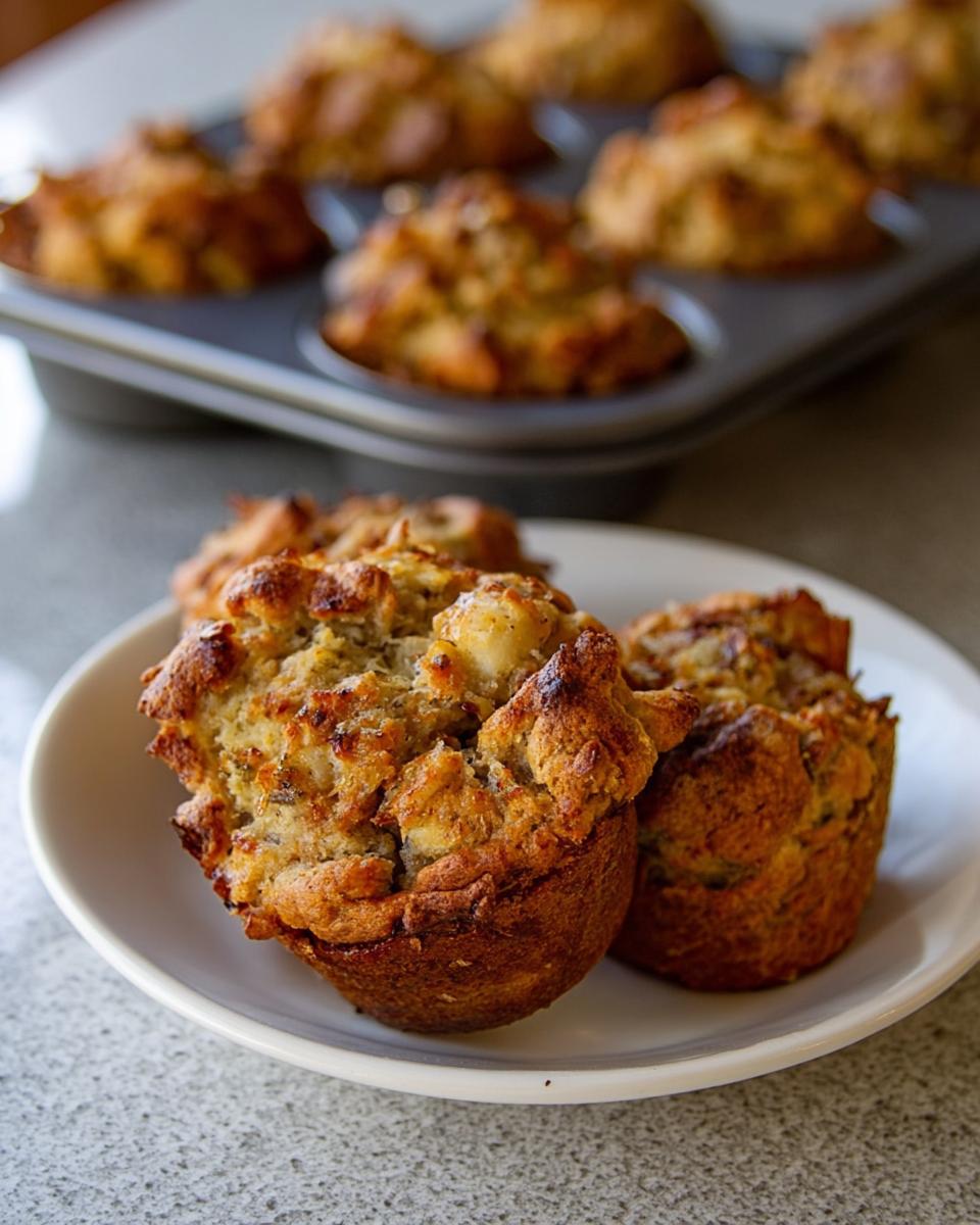 Two golden-brown stuffing muffins on a white plate, with more stuffing muffins in a muffin tin in the background.