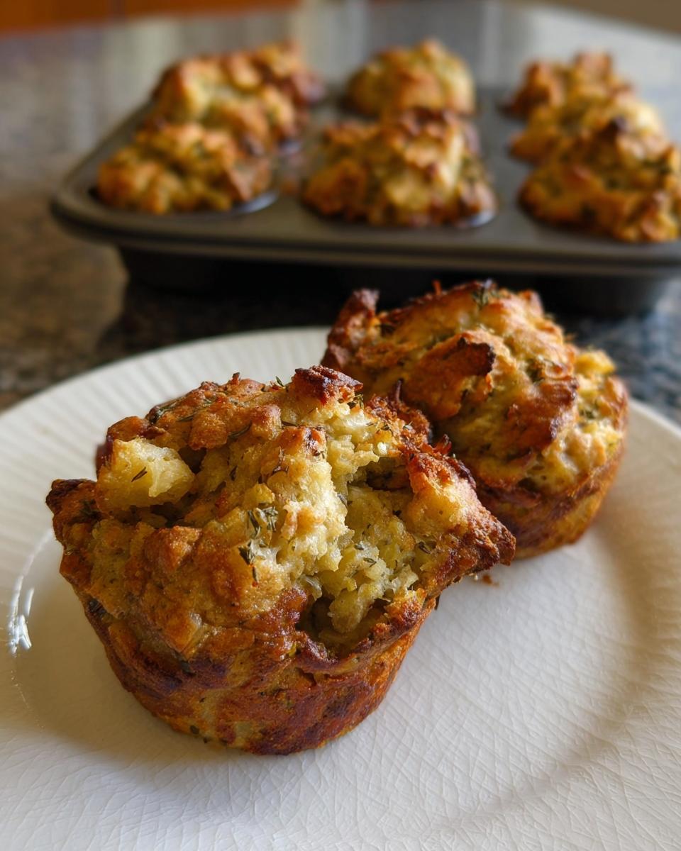 Two golden-brown stuffing muffins on a white plate, with a muffin tin full of more stuffing muffins in the background.