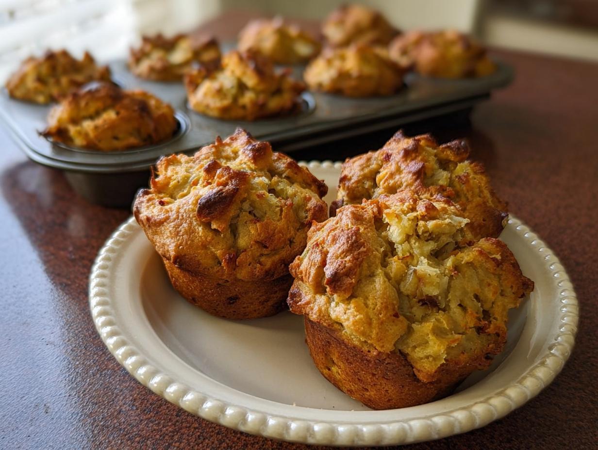 Golden brown stuffing muffins baked in a muffin tin and served on a plate, perfect for beginners.