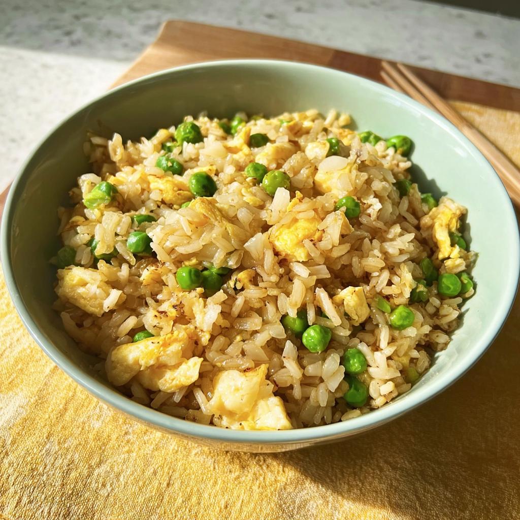A bowl of simple egg fried rice with peas, a delicious example of 7-ingredient egg recipes.