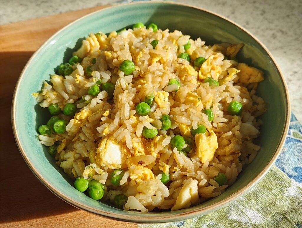 A close-up of a bowl of simple egg fried rice with peas, a perfect example of 7-Ingredient Egg Recipes.