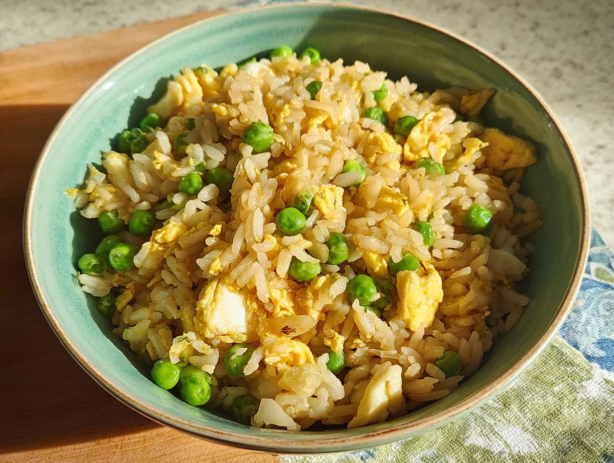 A close-up of a bowl of simple egg fried rice with peas, a perfect example of 7-Ingredient Egg Recipes.