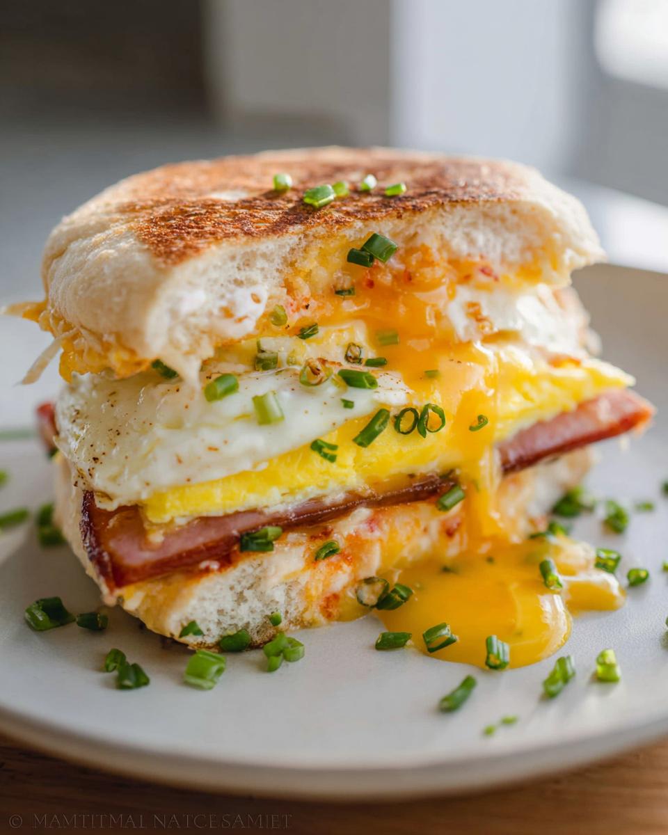 Close-up of a breakfast sandwich with a fried egg, ham, and melted cheese, drizzled with chives.