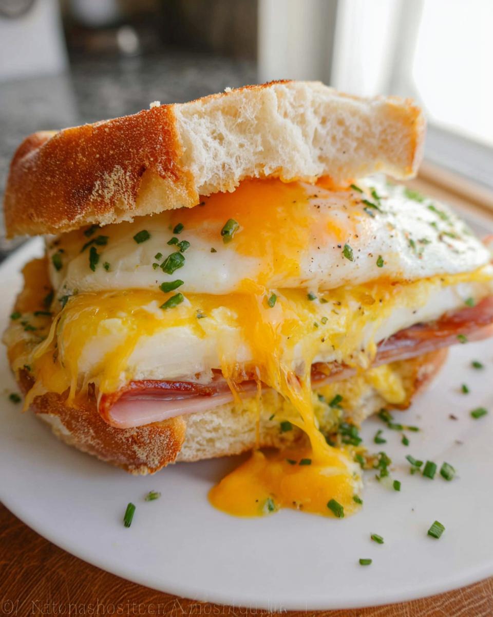 Close-up of a hearty sandwich with a fried egg, melted cheese, ham, and chives on toasted bread.