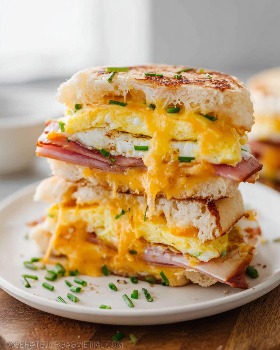 A tall stack of breakfast sandwich ideas with scrambled eggs, ham, and melted cheese, garnished with chives.