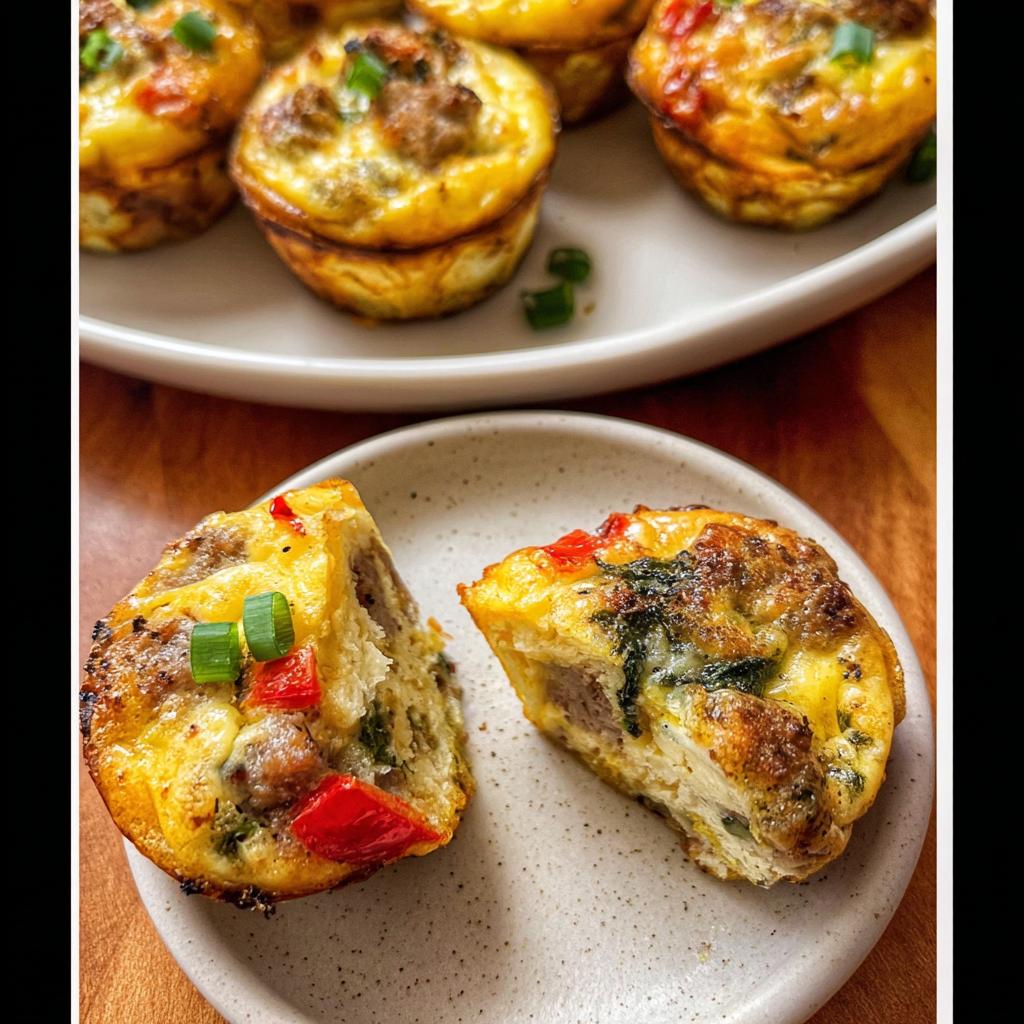 Close-up of a savory egg muffin, cut in half, revealing sausage, peppers, and spinach. Perfect for egg recipes meal prep.