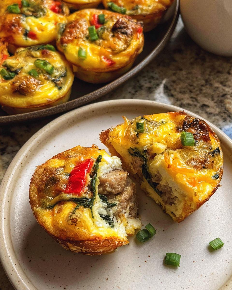 Close-up of a cut egg muffin, revealing sausage, spinach, and red pepper, perfect for egg recipes meal prep.