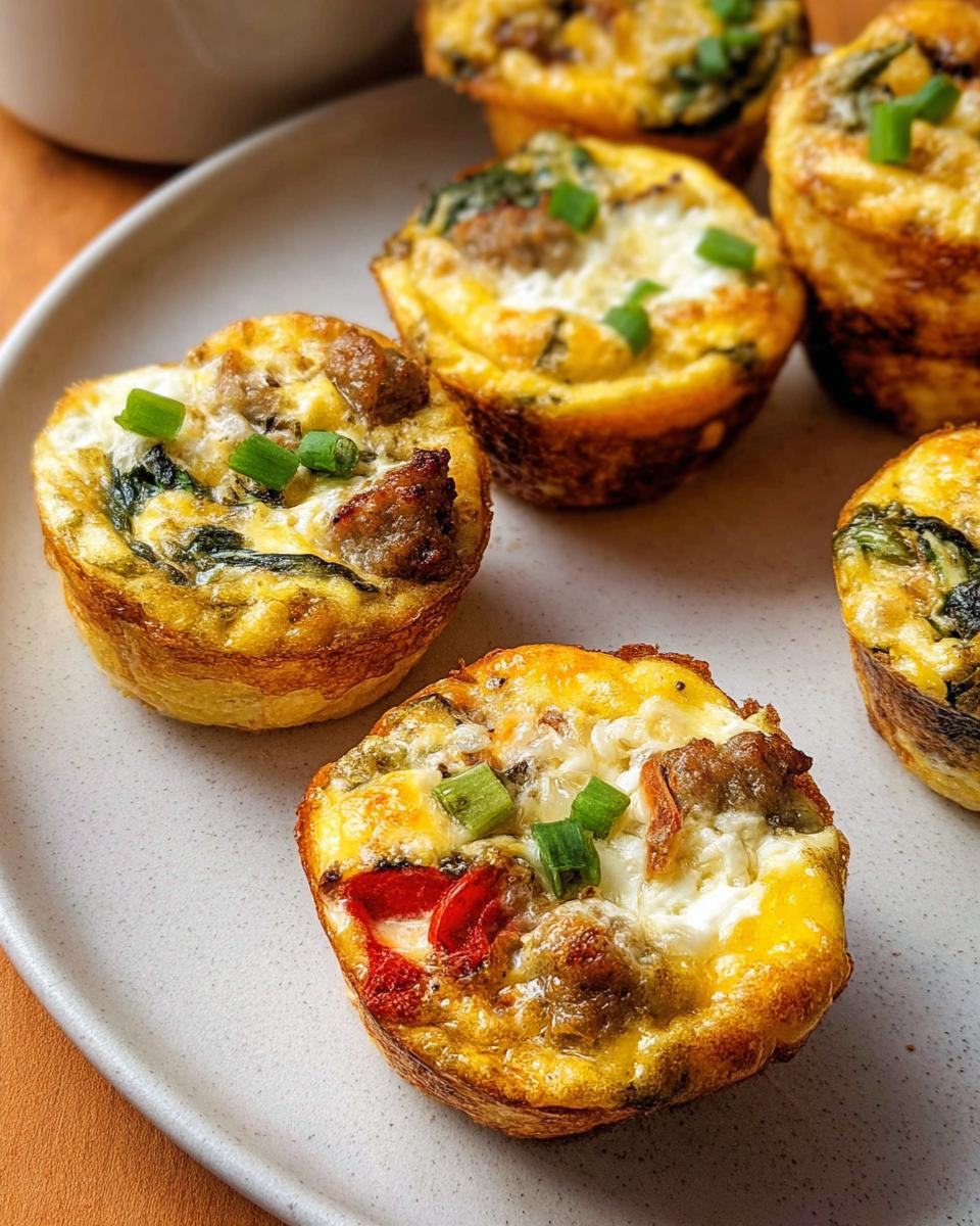 Close-up of savory egg muffins with sausage, spinach, and scallions, perfect for egg recipes meal prep.