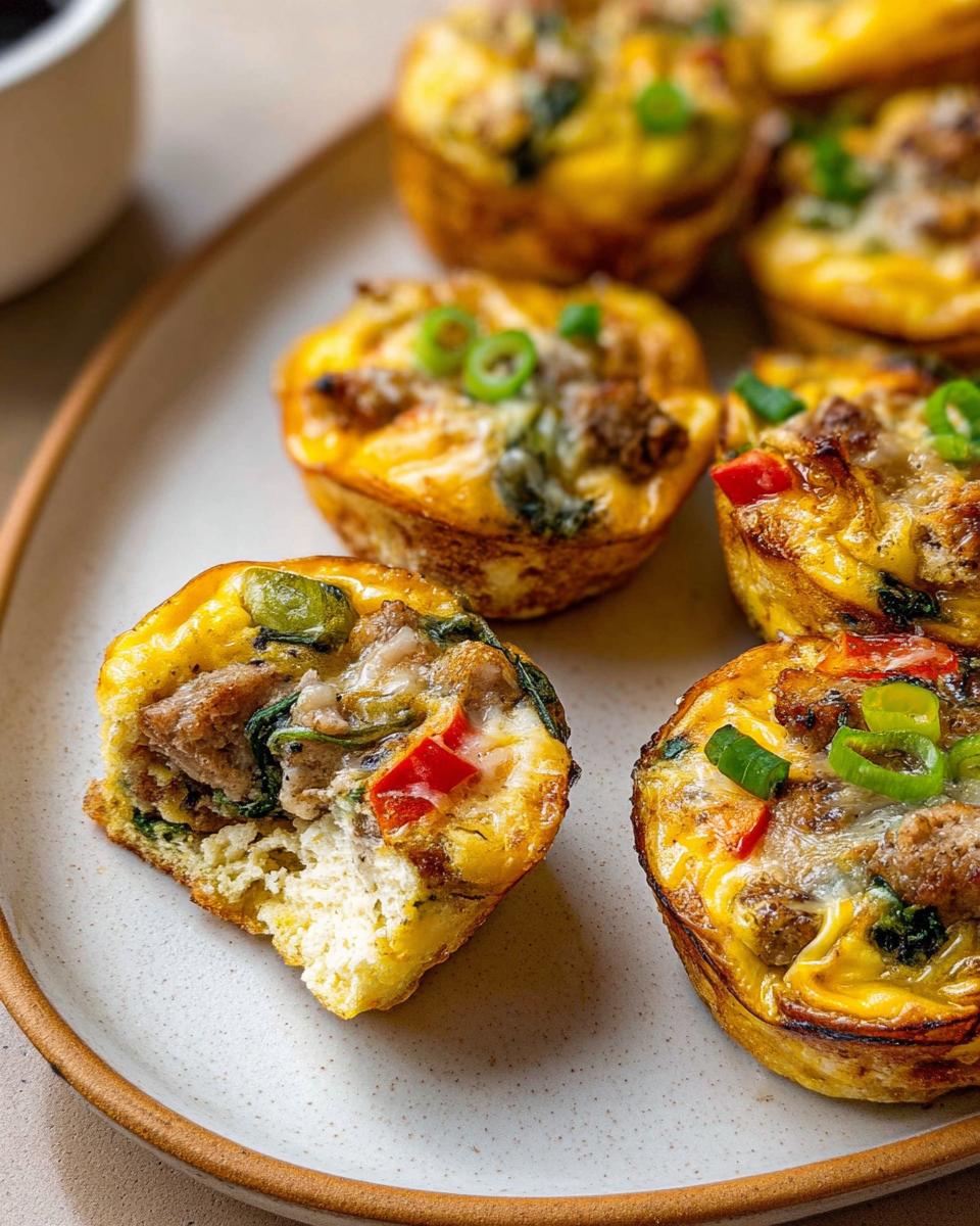 A plate of delicious egg muffins, perfect for meal prep, filled with sausage, spinach, and peppers.