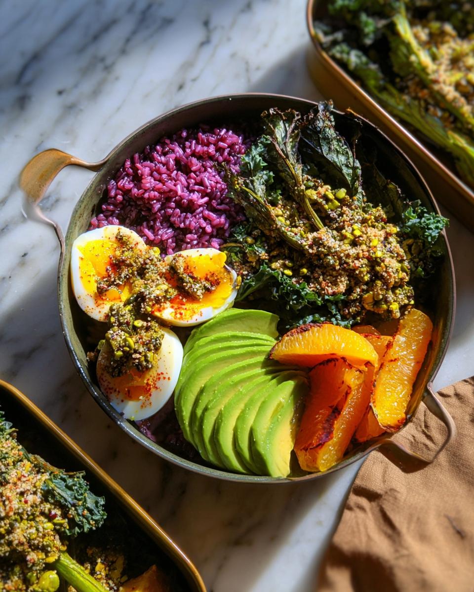 A vibrant bowl featuring halved soft-boiled eggs, purple rice, sliced avocado, roasted orange wedges, and kale.