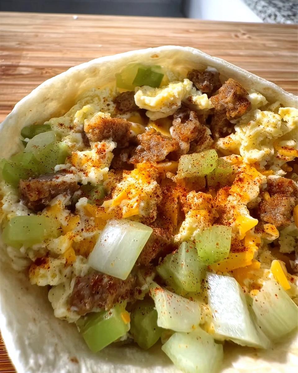 Close-up of a breakfast burrito filled with scrambled eggs, sausage, cheese, and chopped celery.