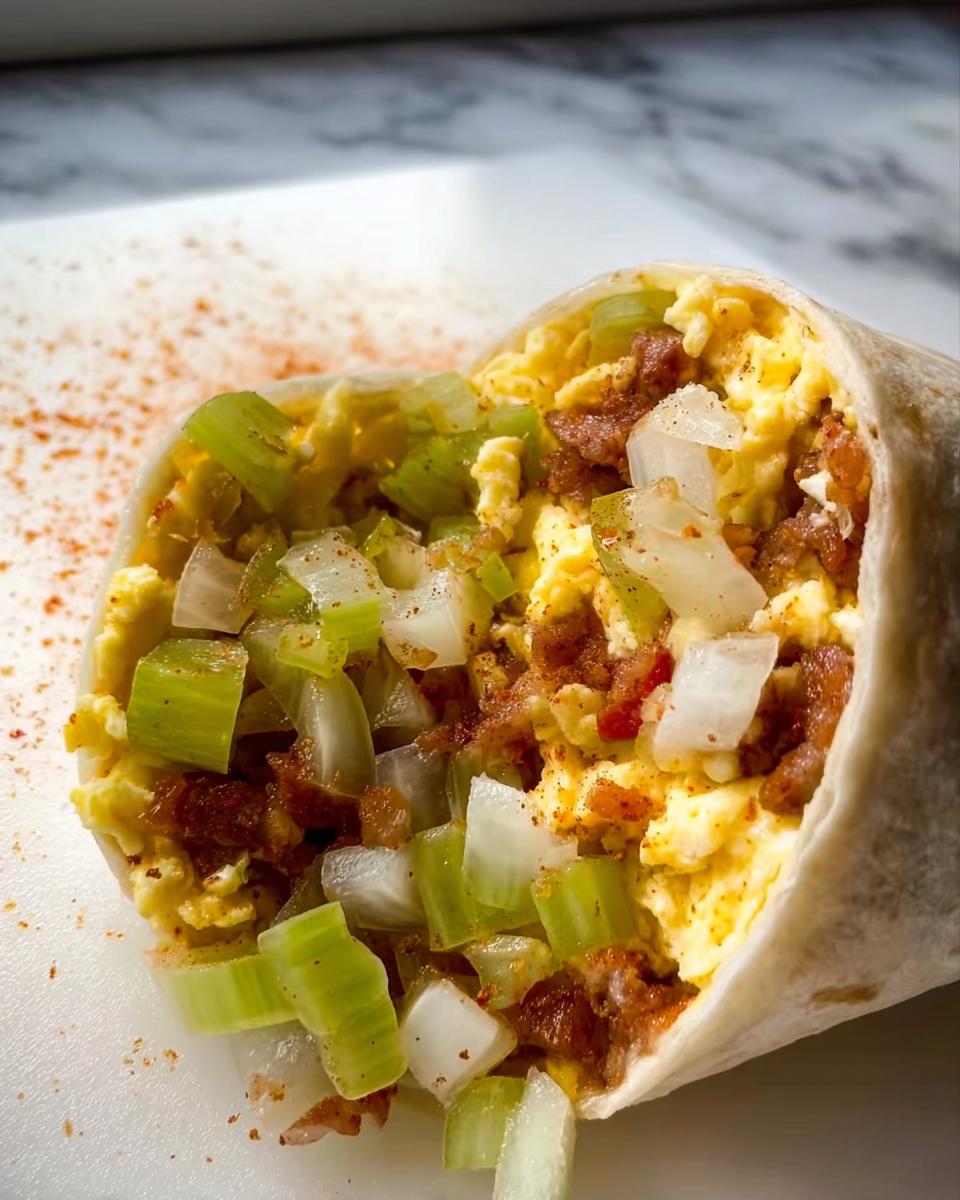 Close-up of a breakfast burrito filled with scrambled eggs, bacon, and chopped celery and onions.
