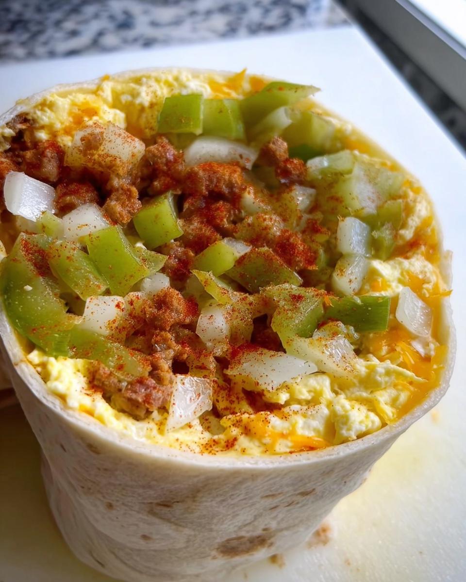 Close-up of a breakfast burrito filled with scrambled eggs, sausage, green peppers, onions, and cheese, seasoned with paprika.