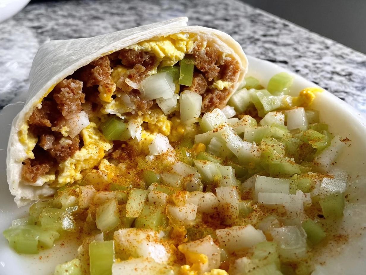 A close-up of a breakfast burrito filled with scrambled eggs, sausage, and onions, topped with diced celery and spices.