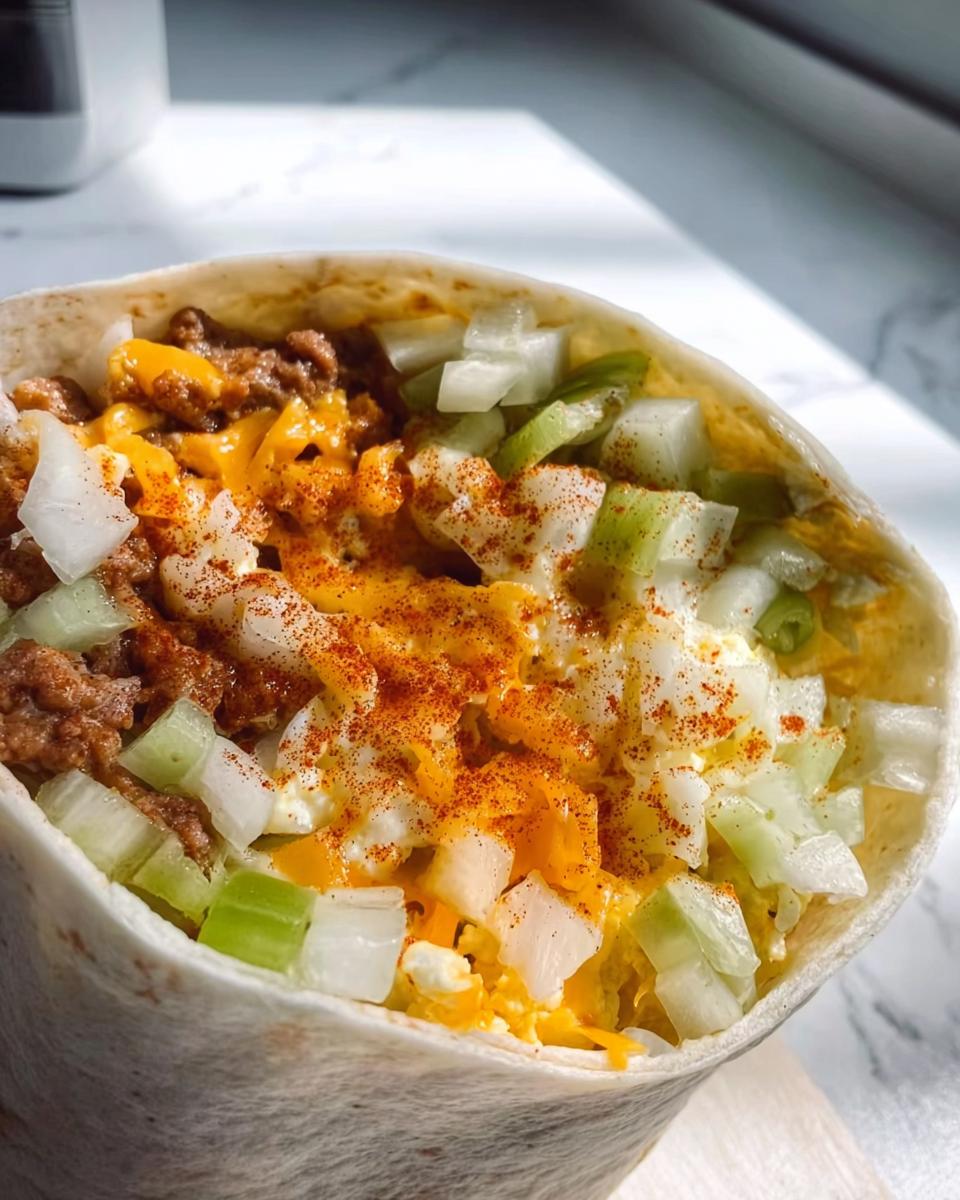 Close-up of a breakfast burrito filled with scrambled eggs, seasoned ground meat, shredded cheese, and diced celery.