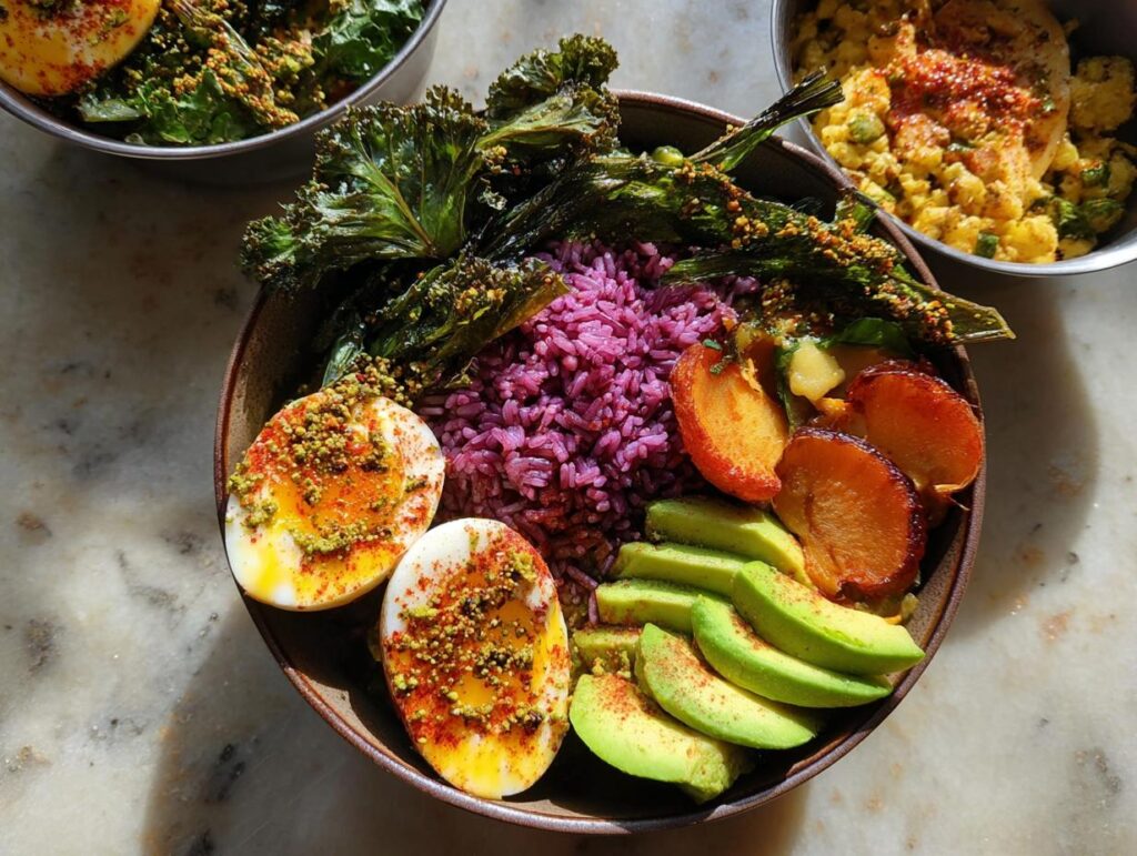 A vibrant bowl featuring two halves of a perfectly cooked egg, purple rice, sliced avocado, and roasted kale, showcasing one of the ultimate egg recipes for beginners.