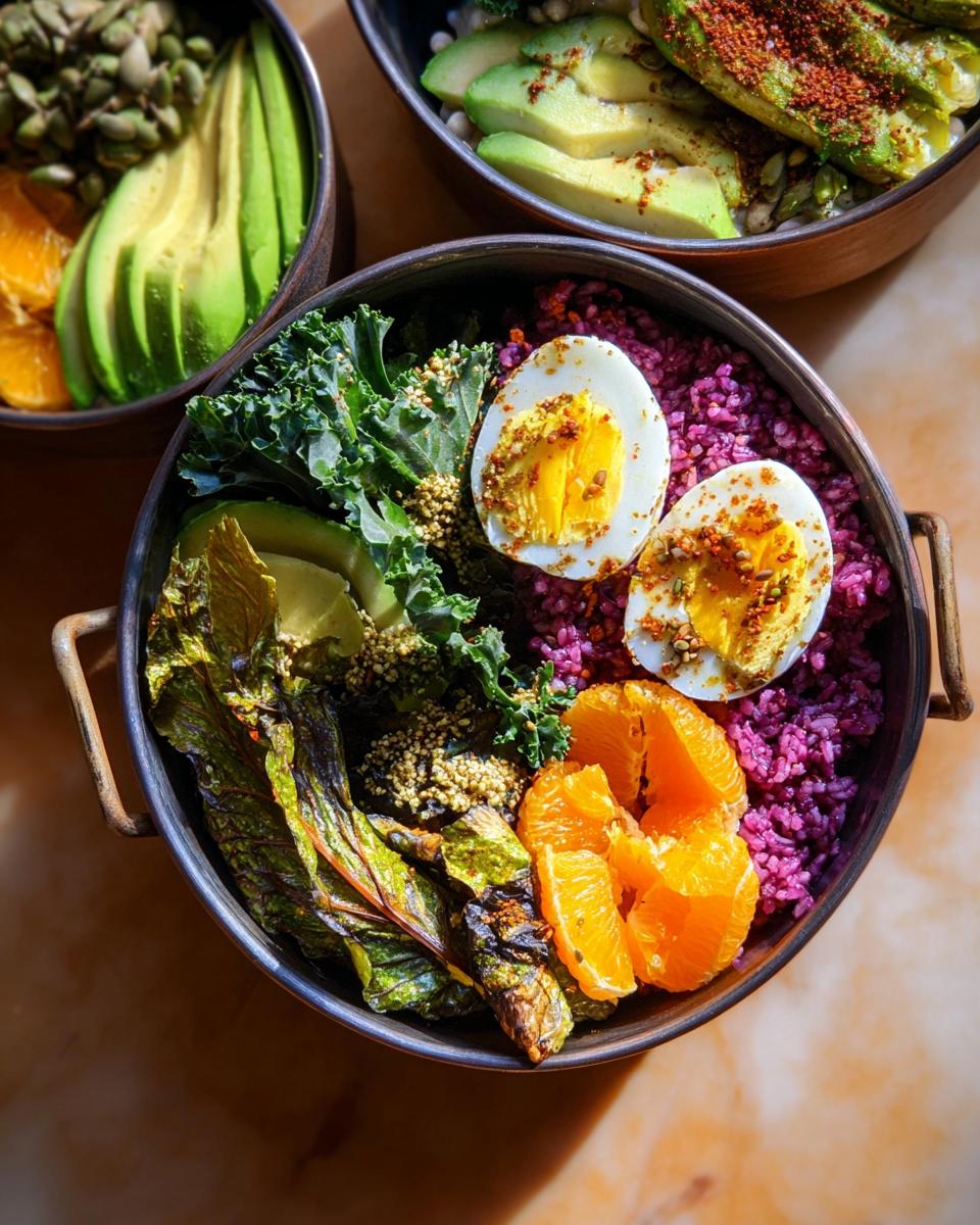 A vibrant bowl featuring purple rice, halved hard-boiled eggs, avocado slices, kale, orange segments, and roasted greens, perfect for egg recipes.