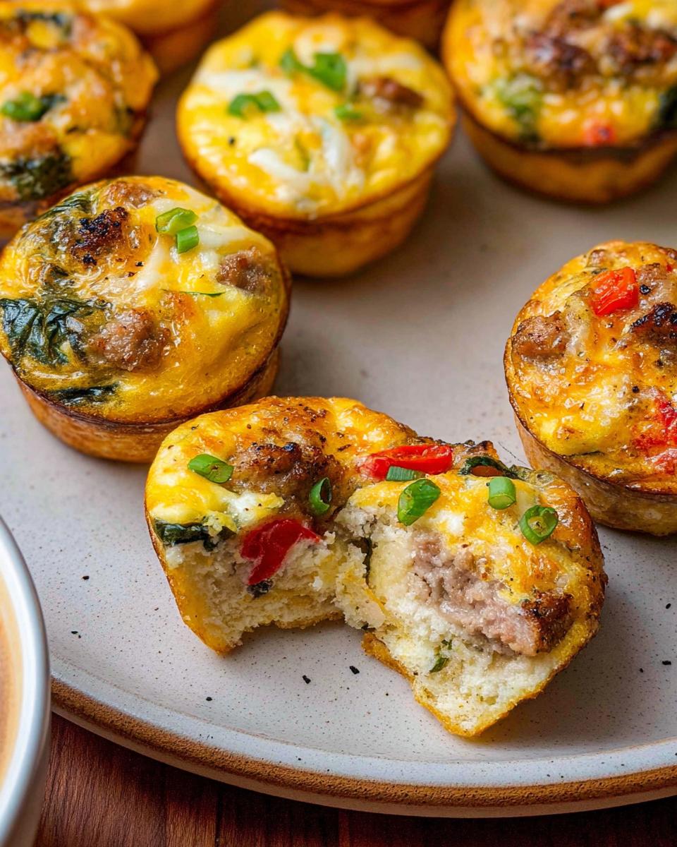 Close-up of savory egg muffins, a perfect example of egg recipes meal prep, showing sausage, spinach, and peppers.