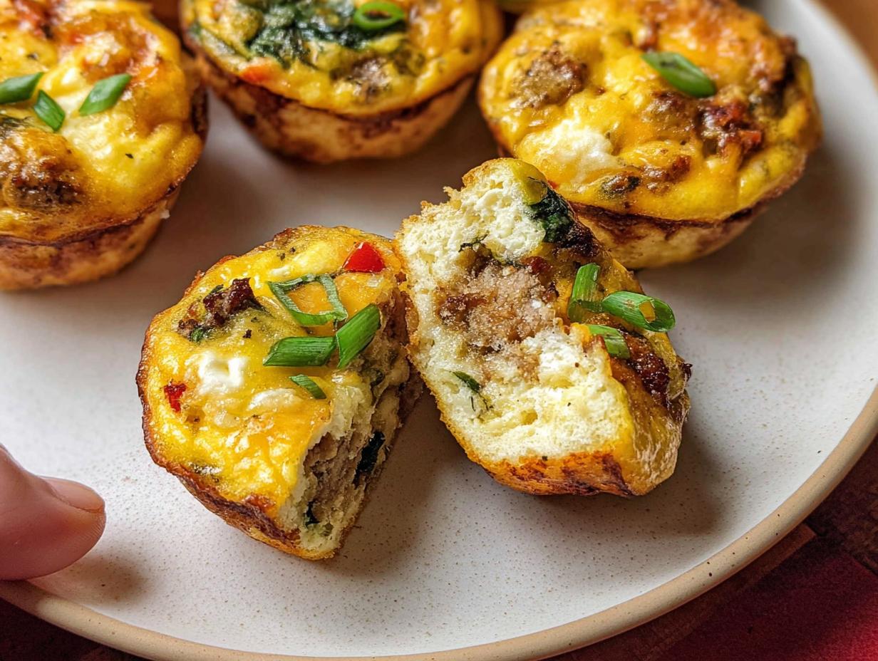 Close-up of savory egg muffins, one cut in half, showing sausage and vegetable filling. Perfect for egg recipes meal prep.