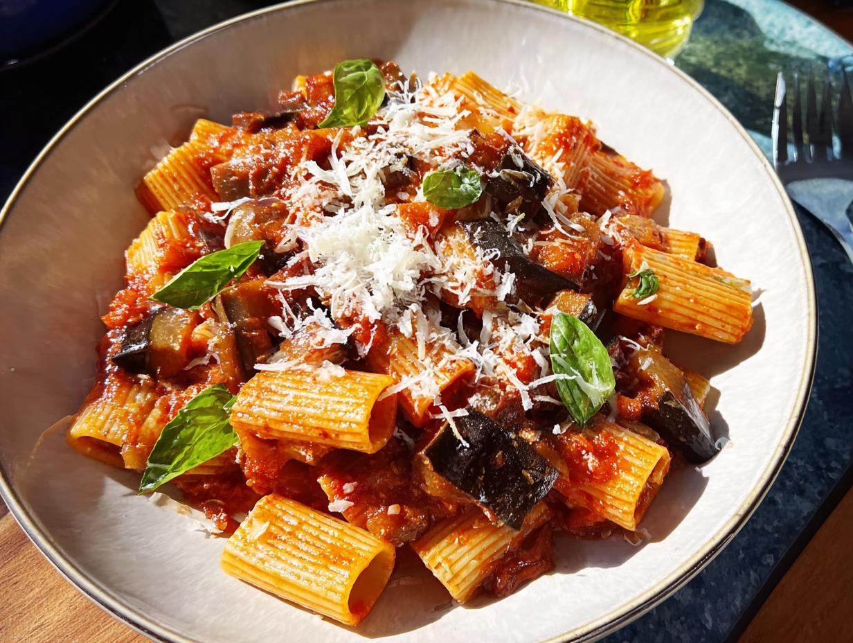 A close-up of rigatoni pasta with a rich tomato and eggplant sauce, topped with grated cheese and fresh basil. Part of 12-Ingredient Pasta Recipes.