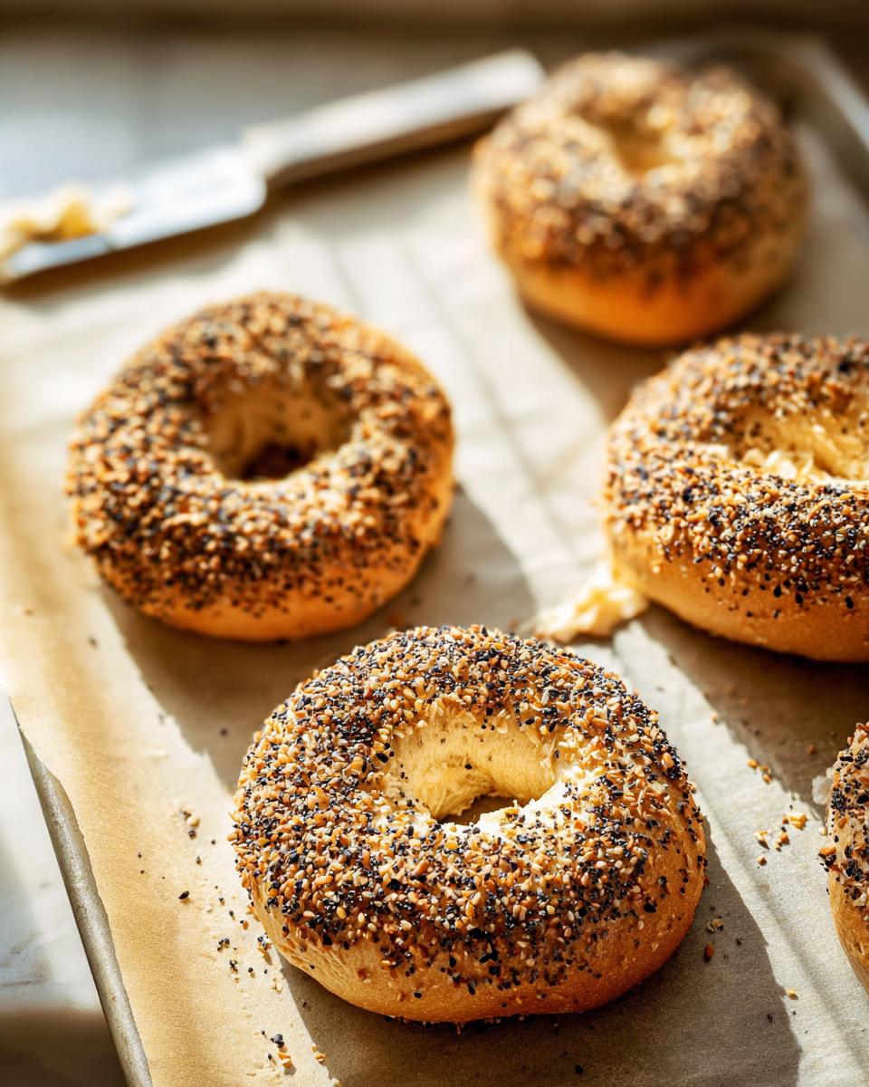 Close-up of fresh everything bagels with a variety of seeds, perfect for breakfast ideas recipes.