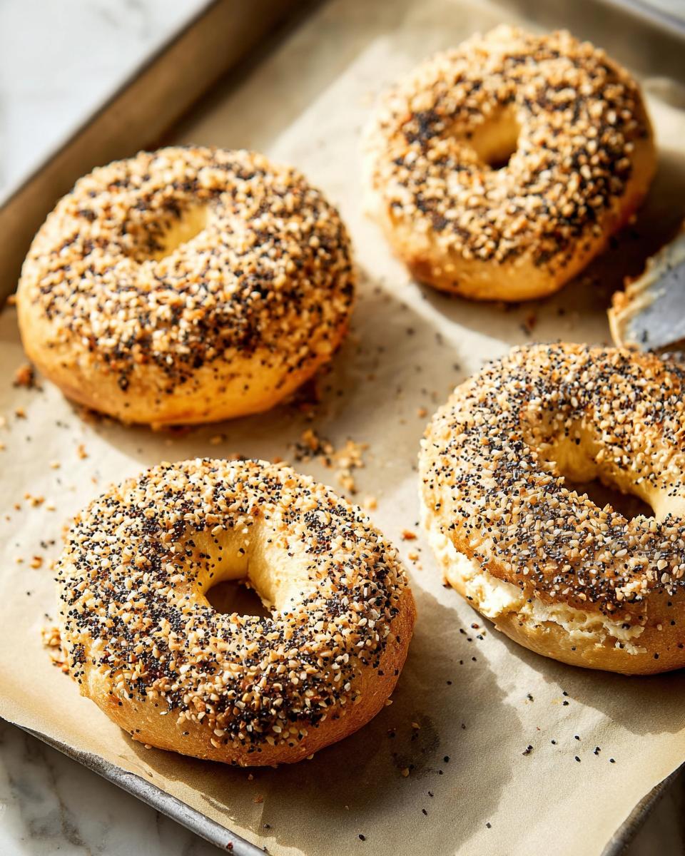 Four everything bagels topped with seeds and seasonings, perfect for breakfast ideas recipes for busy weeknights.