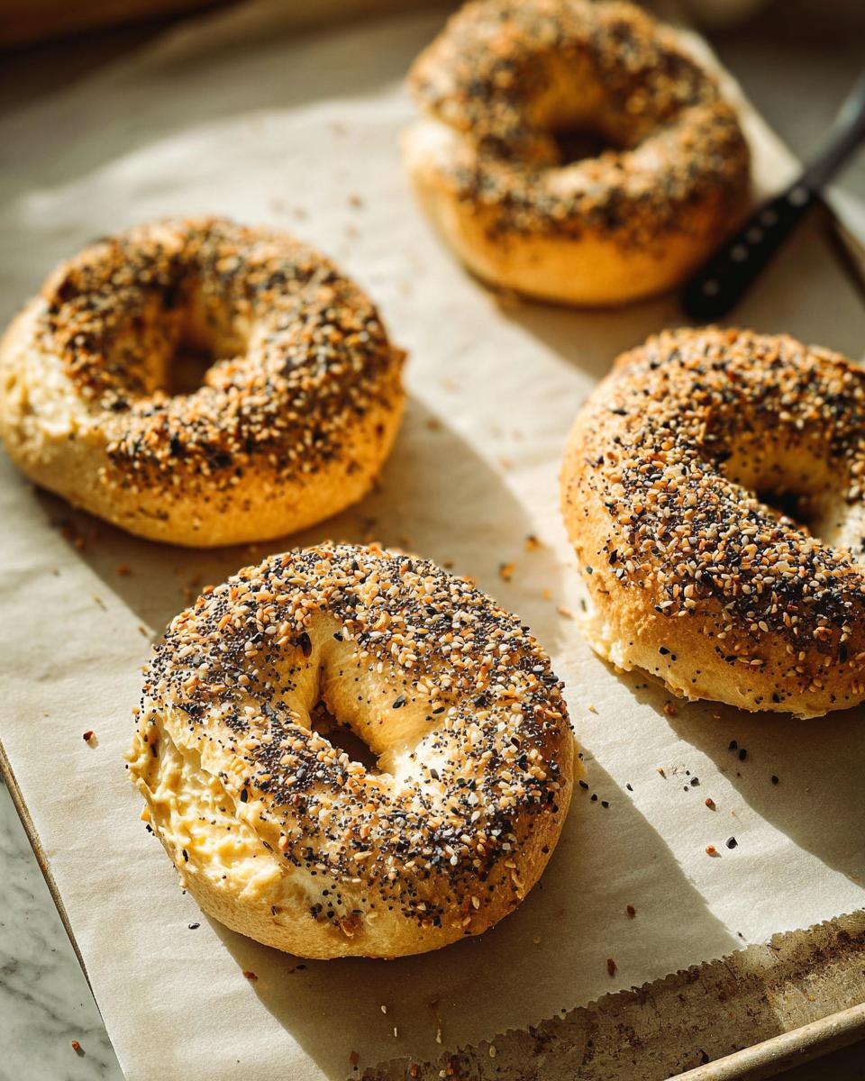 Four everything bagels with poppy seeds, sesame seeds, and dried onion and garlic, ready for breakfast.