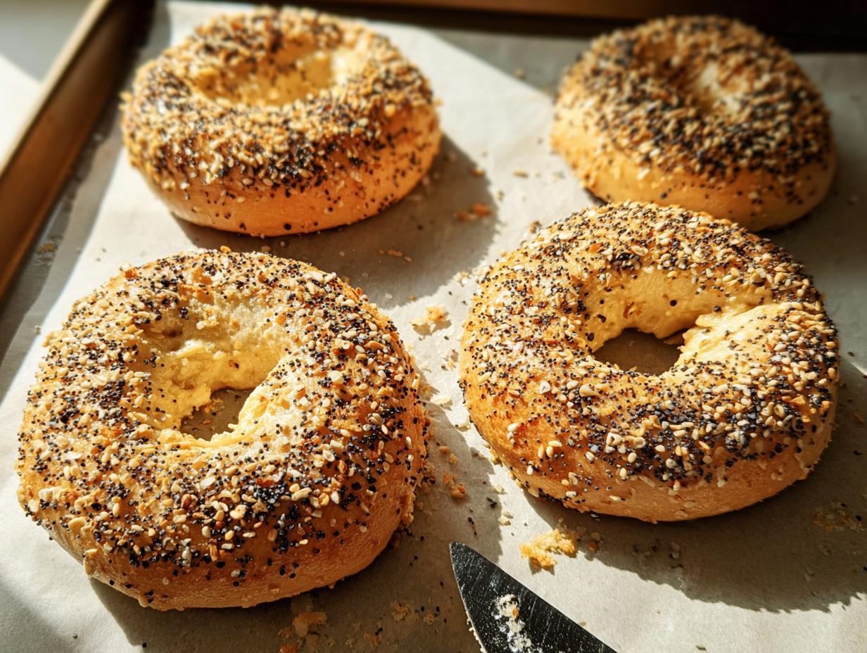Four everything bagels with a generous topping of seeds and spices, perfect for breakfast ideas.
