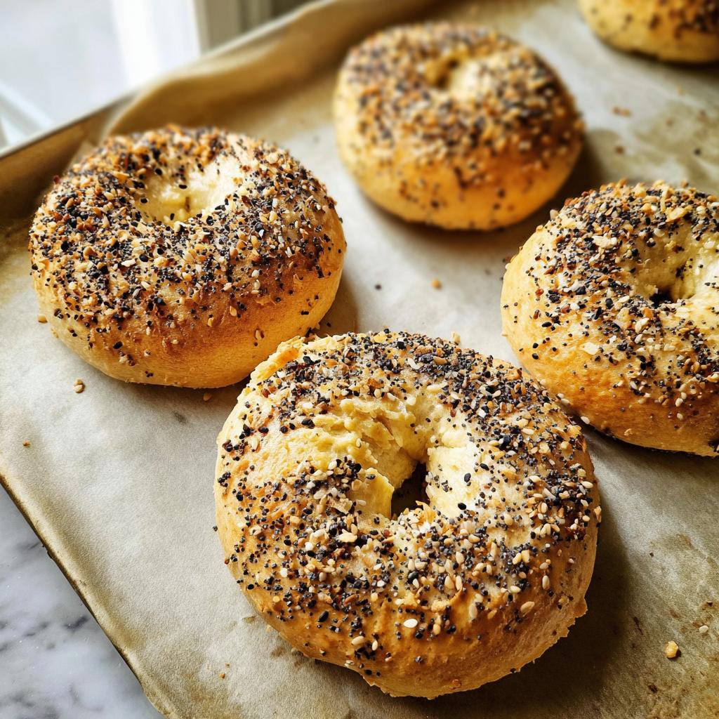 Close-up of freshly baked everything bagels with a generous topping of seeds and spices.