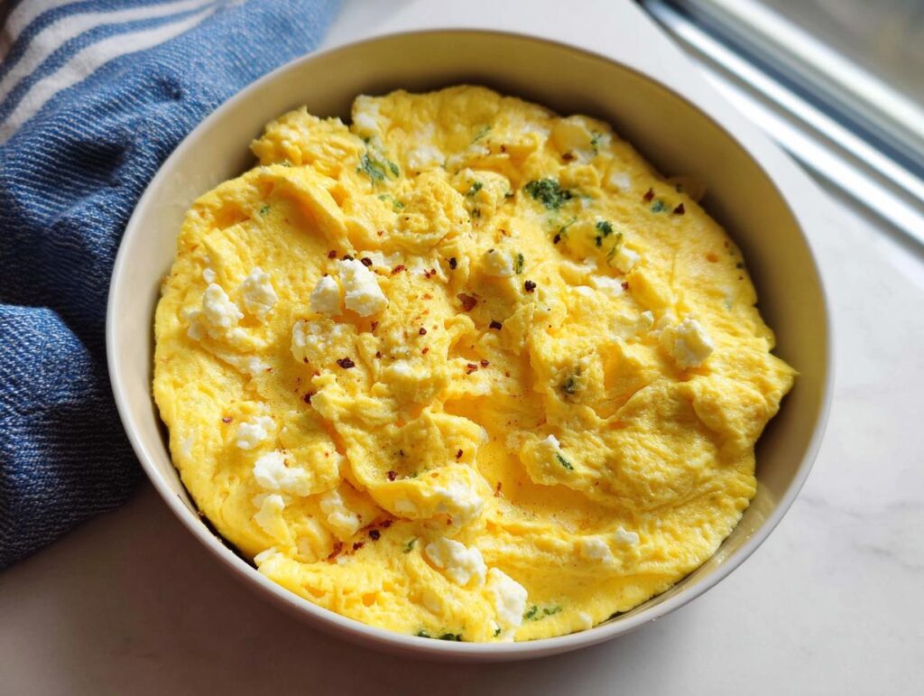 Close-up of a fluffy omelet in a bowl, topped with crumbled feta cheese, herbs, and red pepper flakes. The Only Egg Recipes.