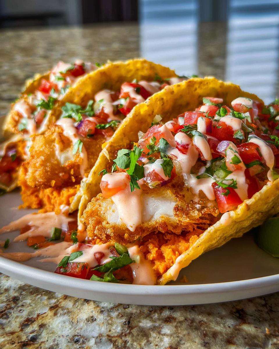 Close-up of three crispy fish tacos, topped with pico de gallo, cilantro, and a creamy sauce, perfect for Taco Tuesday recipes.