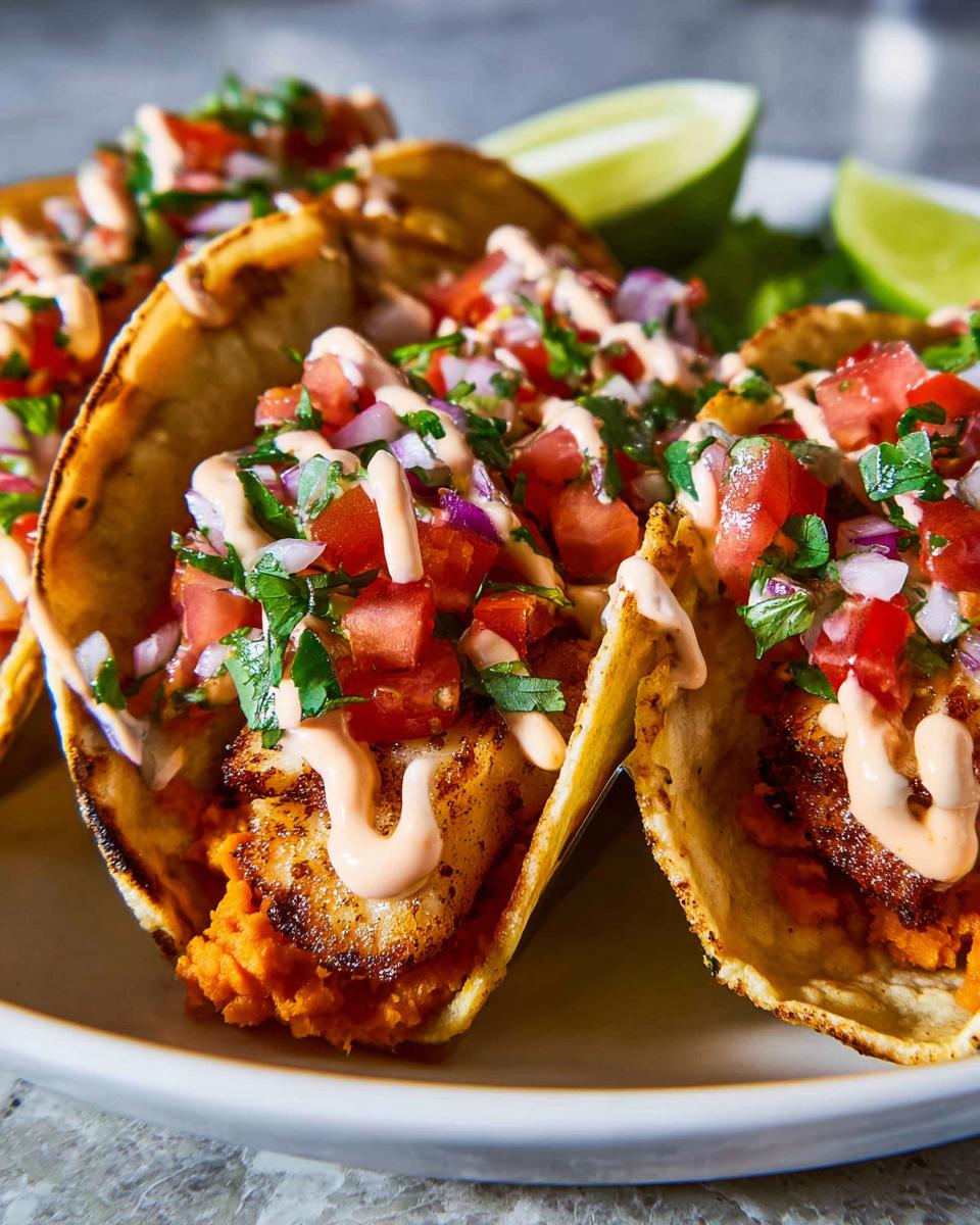 Close-up of three fish tacos with pico de gallo, creamy sauce, and lime wedges, perfect for Taco Tuesday recipes.