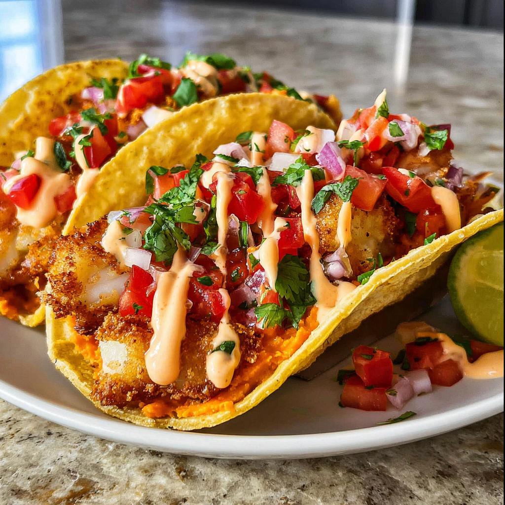 Close-up of two crispy fish tacos, topped with pico de gallo, cilantro, and a creamy sauce, perfect for Taco Tuesday recipes.