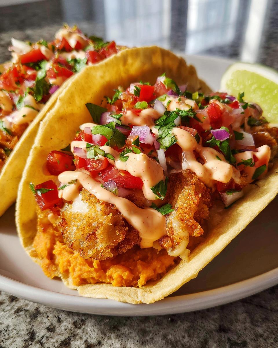 Close-up of two fish tacos with crispy fried fish, mashed sweet potato, pico de gallo, and creamy sauce, perfect for Taco Tuesday recipes.