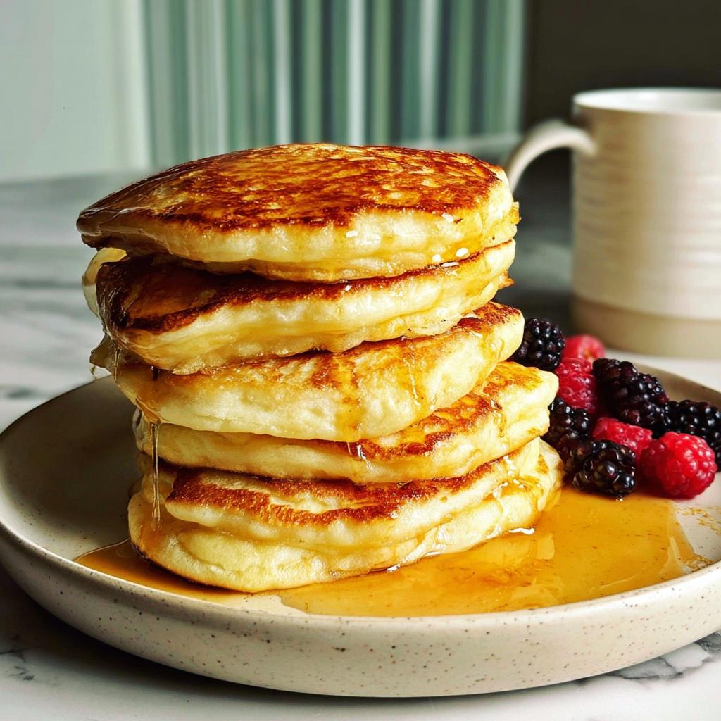 A stack of fluffy pancakes drizzled with syrup, served with fresh berries, a perfect breakfast idea.